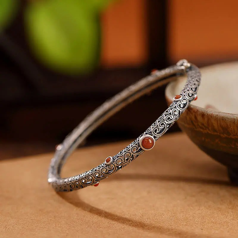 Vintage Tang Dynasty Flower Design Engraved Red Agate Copper Luck Bracelet Bangle Fortune Jewel