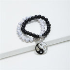 Fortune Jewel 2pcs Natural Black Onyx White Turquoise Bead Yin Yang Couple Bracelet