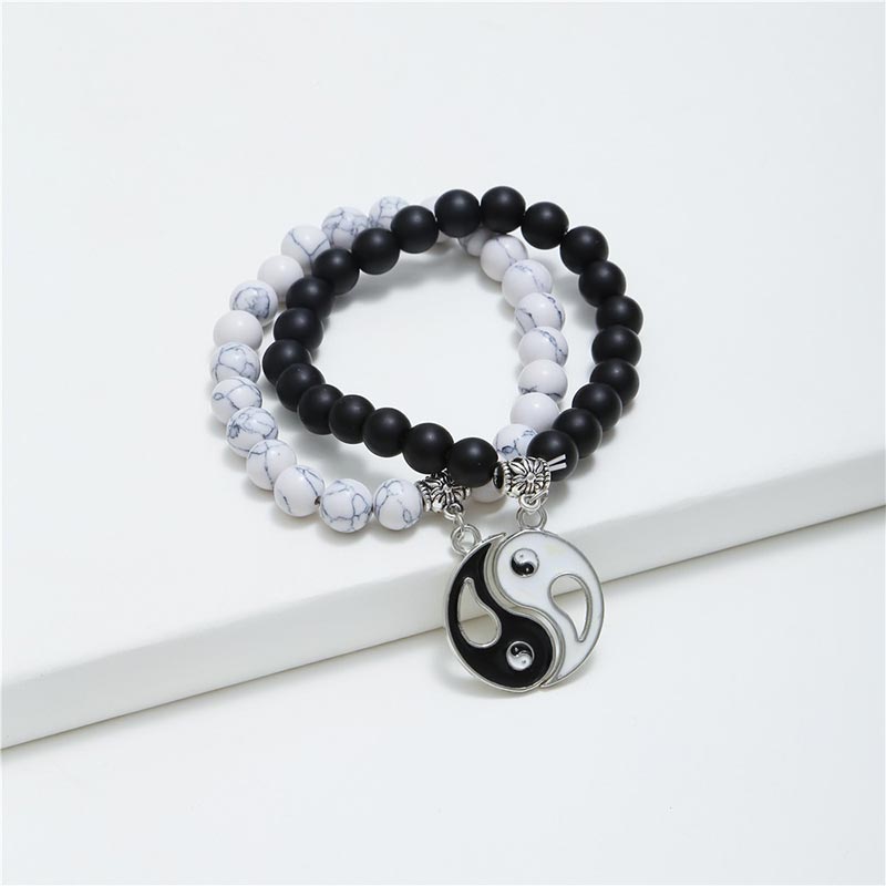 Fortune Jewel 2pcs Natural Black Onyx White Turquoise Bead Yin Yang Couple Bracelet