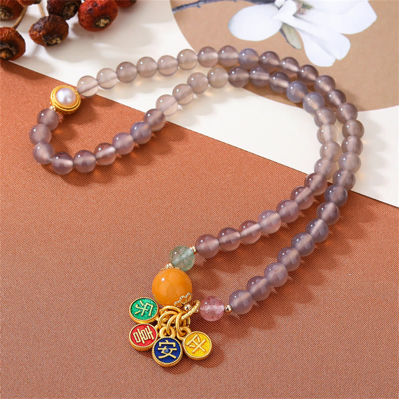 Fortune Jewel Natural Gray Agate Peace And Joy Charm Balance Double Wrap Bracelet