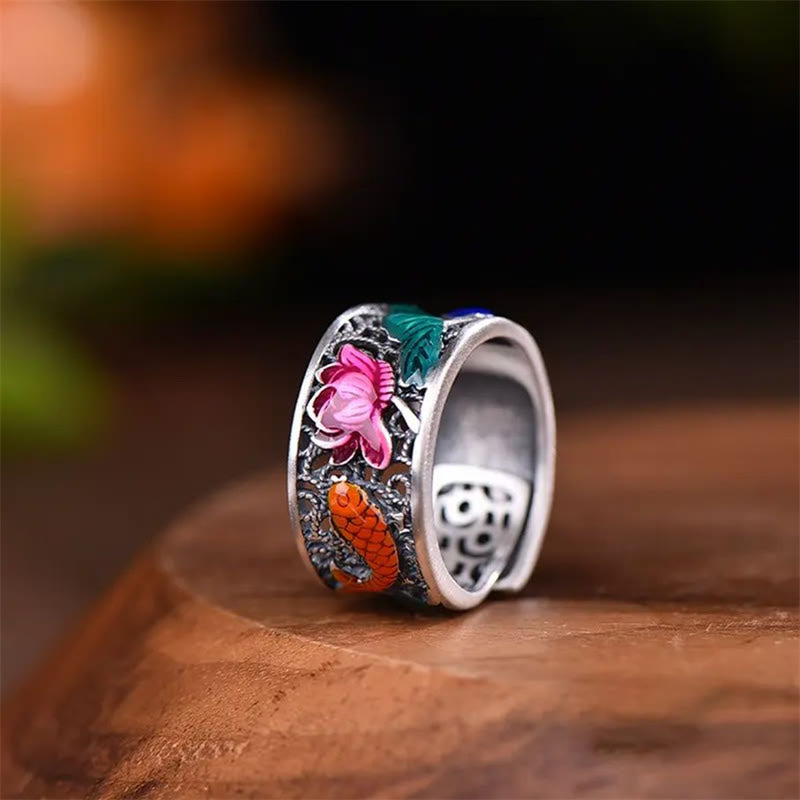 Fortune Jewel Copper Blue Enamel Lotus Heart Sutra Koi Fish Luck Ring Fortune Jewel