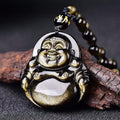 Fortune Jewel Laughing Buddha Gold Sheen Obsidian Wealth Necklace Pendant