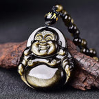 Fortune Jewel Laughing Buddha Gold Sheen Obsidian Wealth Necklace Pendant