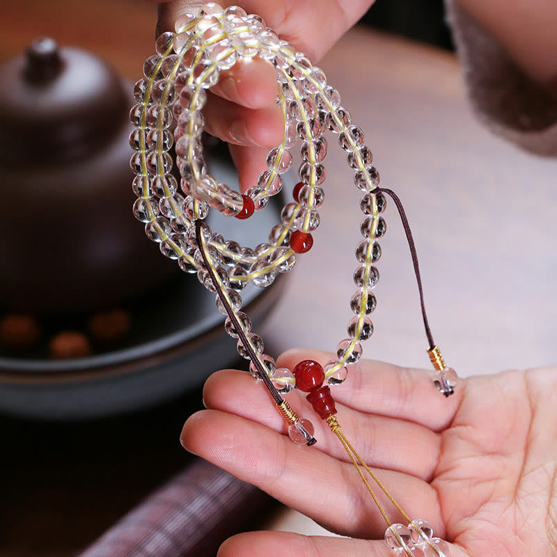 Fortune Jewel 108 Mala Beads 925 Sterling Silver Natural White Agate Red Agate Quadruple Wrap Protection Bracelet