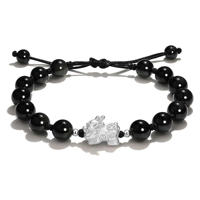 Fortune Jewel Natural Black Obsidian Cat's Eye Pink Crystal PiXiu Strength Bracelet