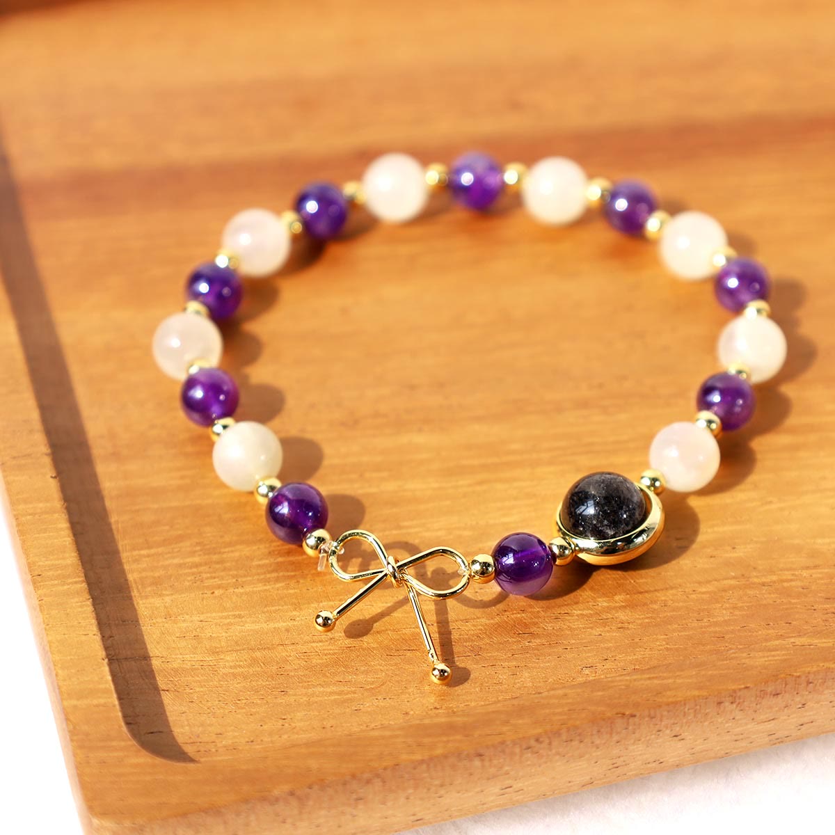 Fortune Jewel Amethyst Cat Eye Black Rutilated Quartz Spiritual Bead Bracelet