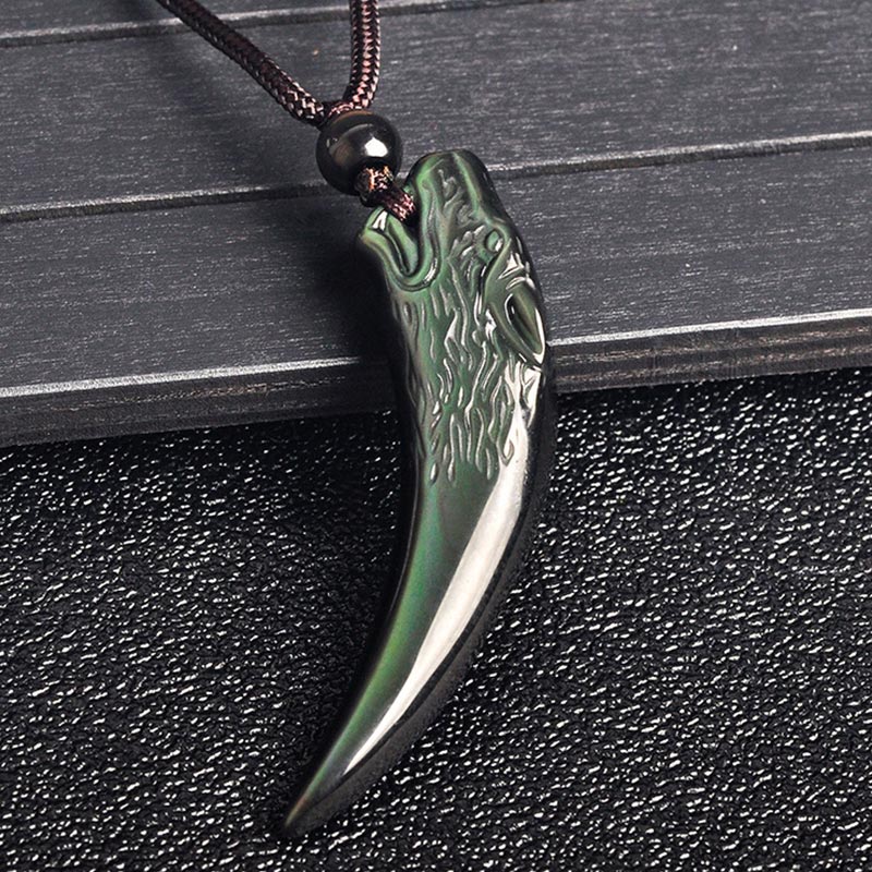 Fortune Jewel Natural Black Obsidian Ice Obsidian Rainbow Obsidian Wolf Tooth Pattern Strength Necklace Pendant