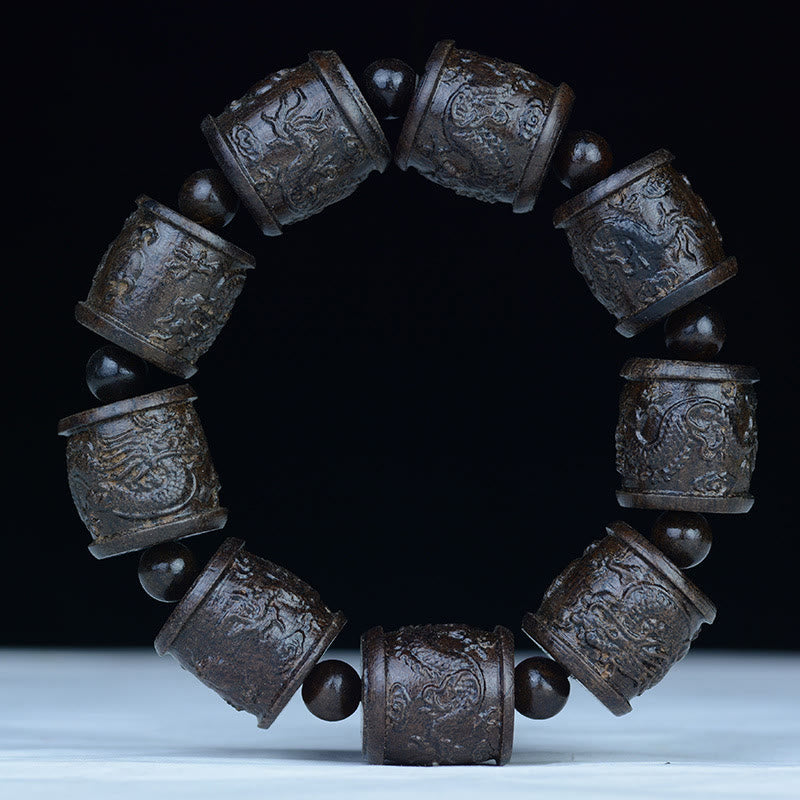 Fortune Jewel Ebony Wood Eighteen Arhats Lotus Dragon Engraved Balance Bracelet Fortune Jewel