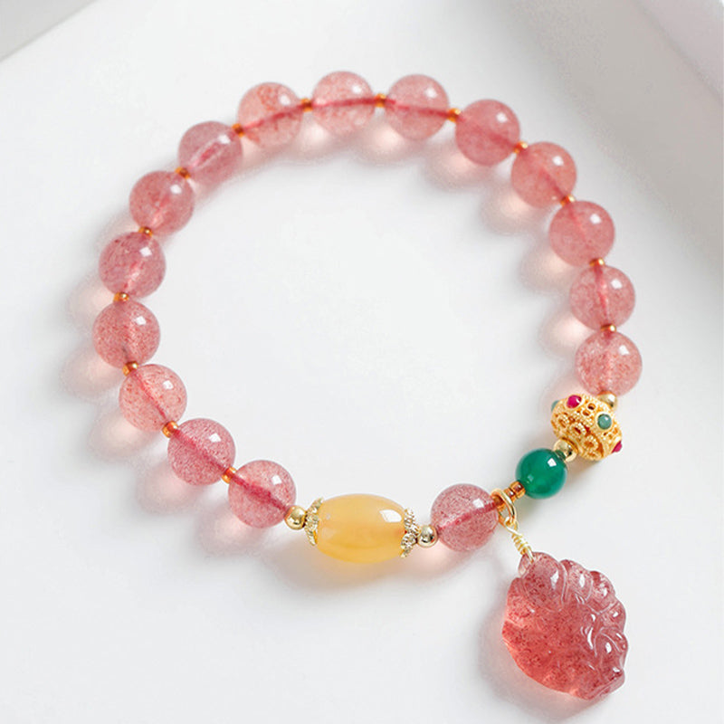 Fortune Jewel Natural Strawberry Quartz Nine Tailed Fox Healing Bracelet
