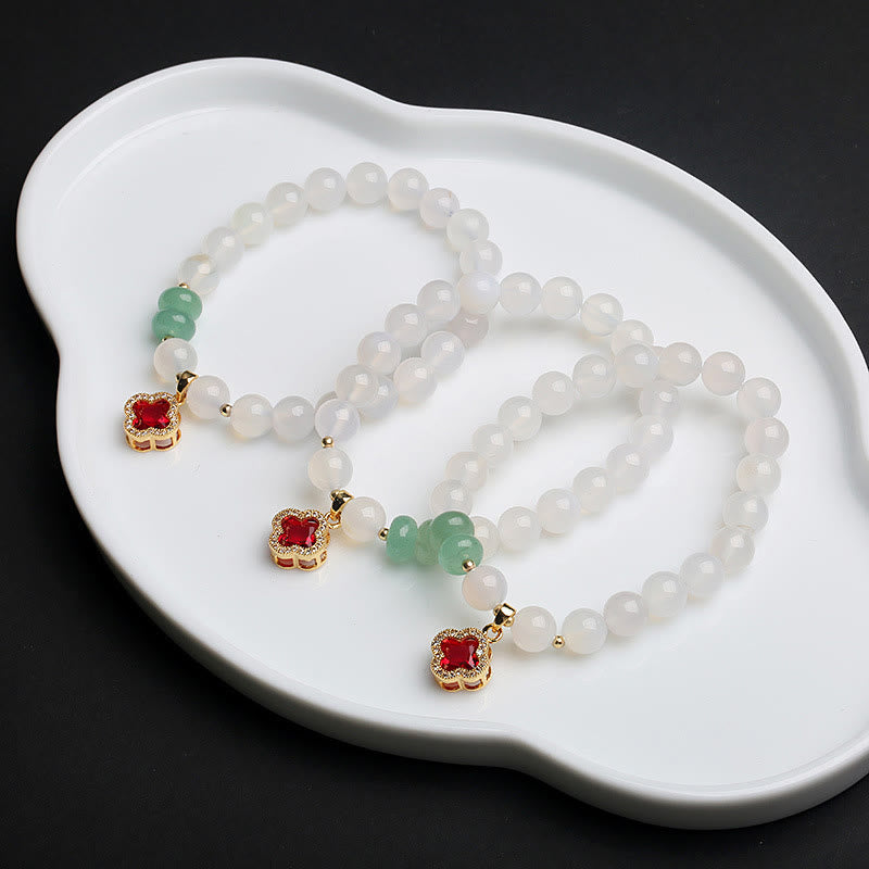 Fortune Jewel Natural White Agate Red Agate Money Bag Fu Character Four Leaf Clover Protection Bracelet