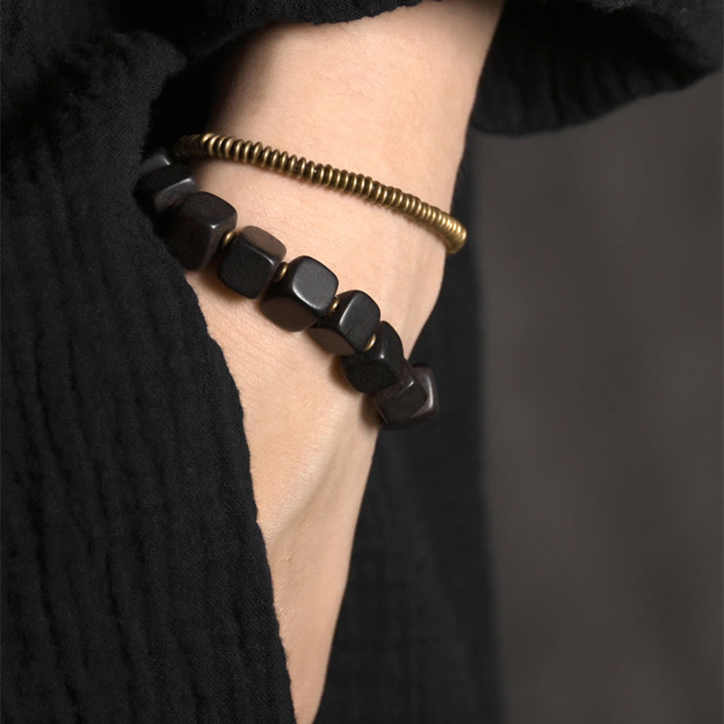 Fortune Jewel Tibetan Ebony Wood Copper Peace Double Wrap Bracelet