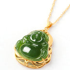 Fortune Jewel 925 Sterling Silver Natural Hetian Cyan Jade Laughing Buddha 18K Gold Healing Necklace Chain Pendant Fortune Jewel