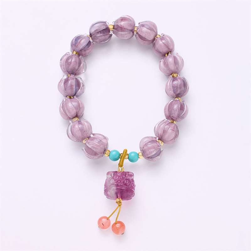 Fortune Jewel Liuli Glass Bead Lotus Design Fluorite Ivory Fruit Dancing Lion Charm Enlightenment Bracelet