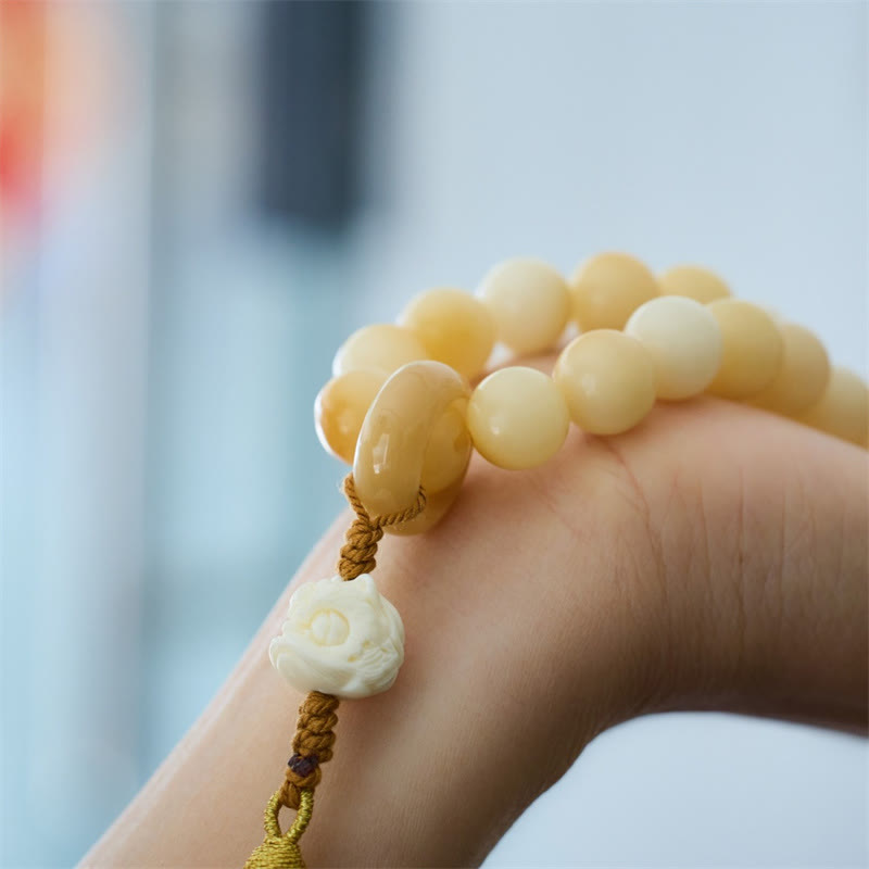 Fortune Jewel Natural Bodhi Seed Ivory Fruit Dancing Lion Charm Harmony Tassel Wrist Mala