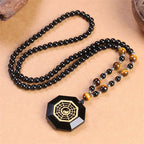 Fortune Jewel Bagua Yin Yang Black Obsidian Purification Beaded Necklace Pendant