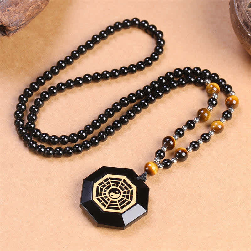 Fortune Jewel Bagua Yin Yang Black Obsidian Purification Beaded Necklace Pendant