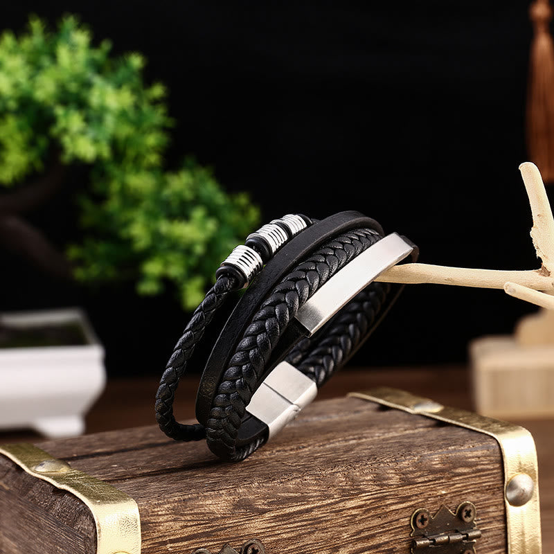 Fortune Jewel Leather Multi-Layer Titanium Steel Balance Braided Magnetic Buckle Bracelet