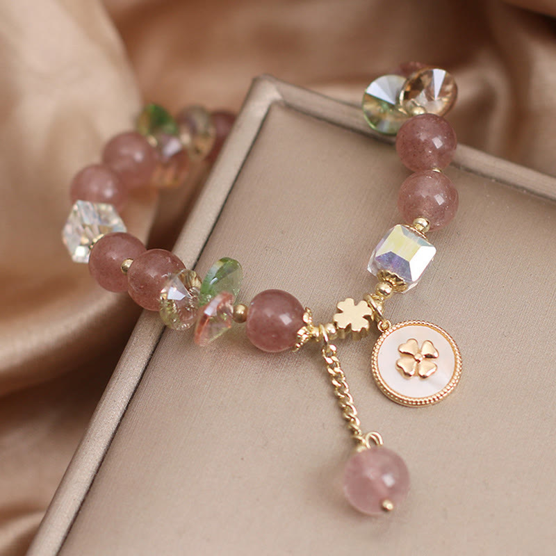 Fortune Jewel Strawberry Quartz Lucky Four Leaf Clover Healing Charm Bracelet