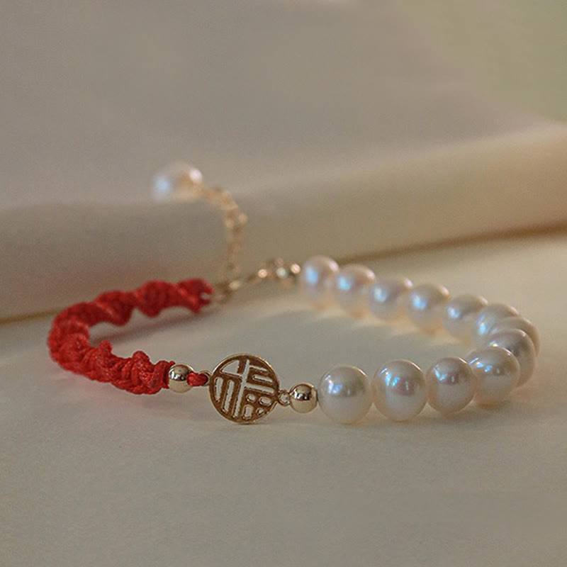 Fortune Jewel 14K Gold Plated Pearl Bead Luck Protection Braid Red String Bracelet
