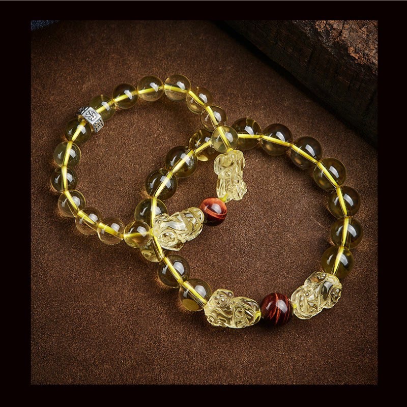 Fortune Jewel Natural Citrine Double PiXiu Tiger Eye Prosperity Protection Bracelet