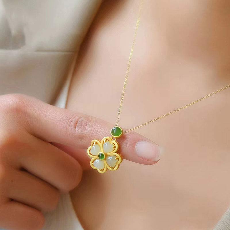 Fortune Jewel 925 Sterling Silver Lucky Four Leaf Clover Jade Prosperity Necklace Chain Pendant
