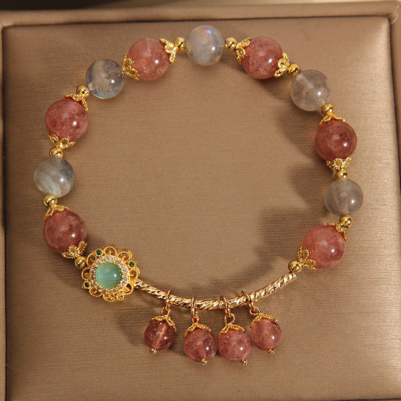 Fortune Jewel Strawberry Quartz Moonstone Healing Tassel Charm Bracelet