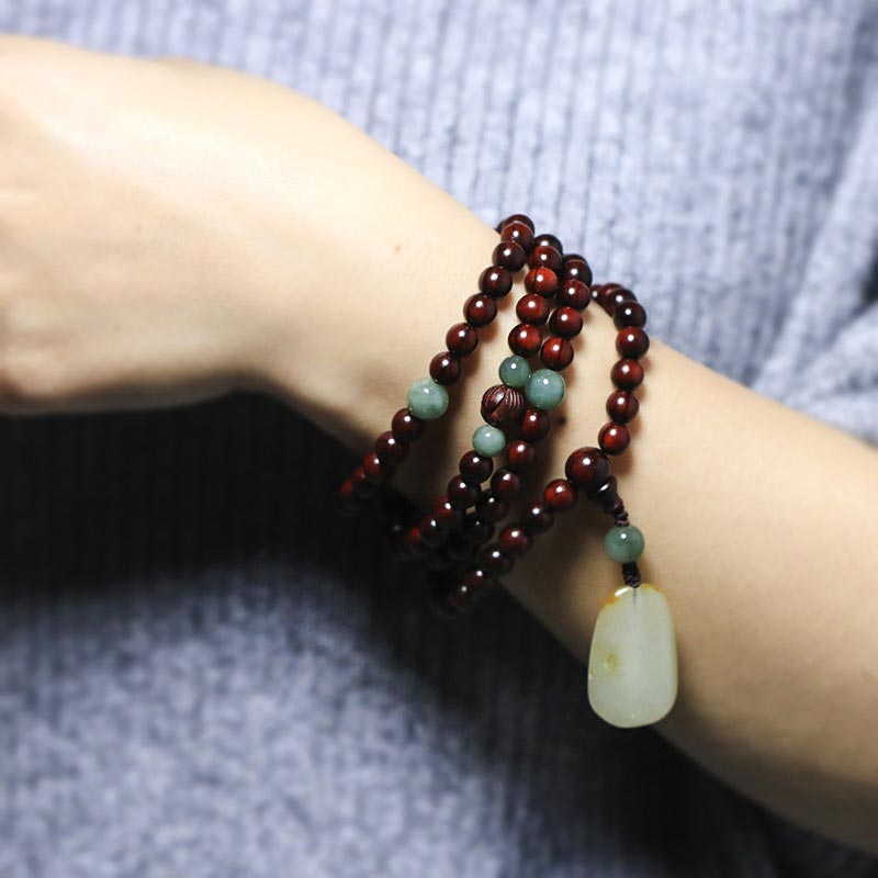 Fortune Jewel Tibetan Small Leaf Red Sandalwood Jade Mala Meditation Bracelet