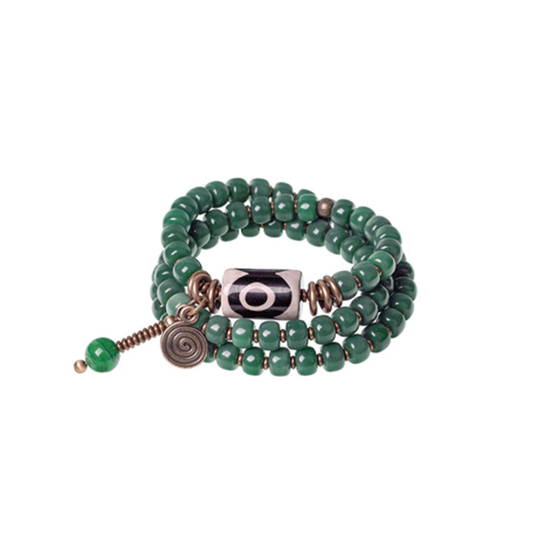 Fortune Jewel Cyan Bodhi Seed Dzi Bead Wisdom Peace Triple Wrap Bracelet