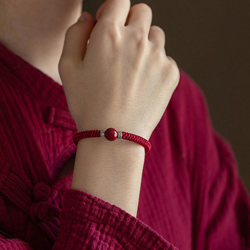 Fortune Jewel 925 Sterling Silver Natural Cinnabar Bead Calm Handmade Braided String Bracelet