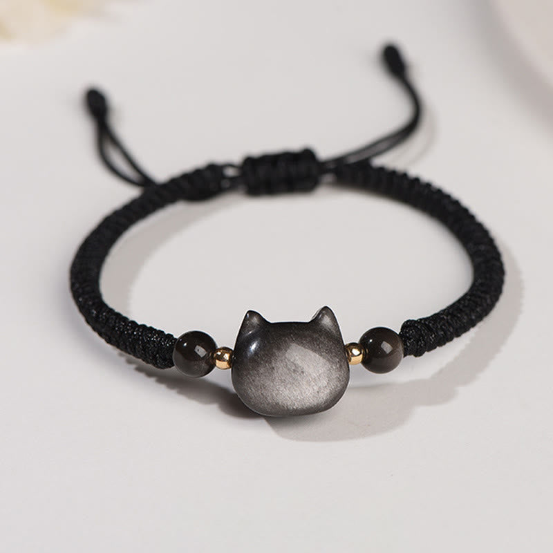 Fortune Jewel Handmade Natural Silver Sheen Obsidian Strawberry Quartz Cute Cat Protection Braided Bracelet