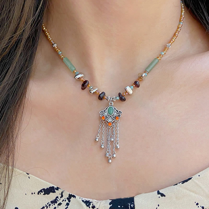 Fortune Jewel Tibetan Crystal Stone Copper Luck Tassel Necklace Pendant
