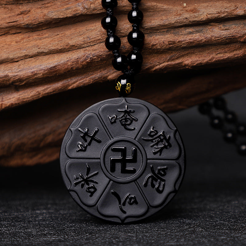 Fortune Jewel Natural Black Obsidian Tibetan Om Mani Padme Hum Buddha Swastika Luck Necklace Pendant