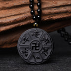 Fortune Jewel Natural Black Obsidian Tibetan Om Mani Padme Hum Buddha Swastika Luck Necklace Pendant