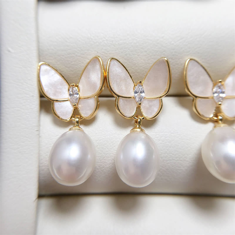 Fortune Jewel 925 Sterling Silver Posts 18K Gold Plated Copper Pearl Butterfly Optimism Stud Earrings