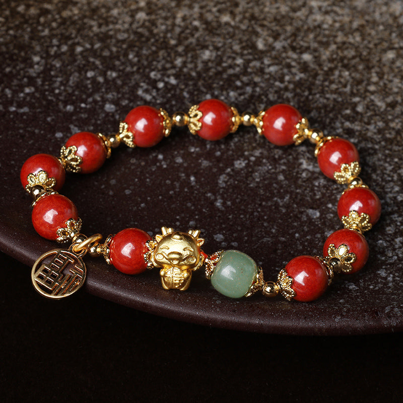 Fortune Jewel Year of the Dragon Natural Cinnabar Fu Character Charm Blessing Bracelet
