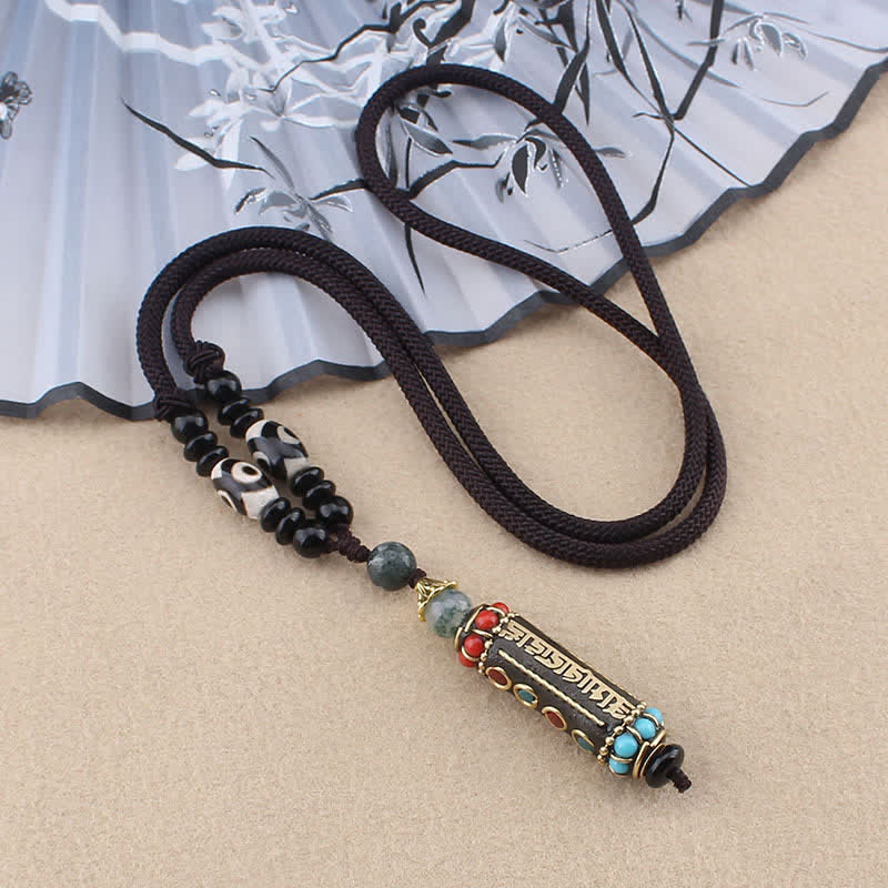 Fortune Jewel Tibetan Om Mani Padme Hum Dzi Bead Wenge Wood Necklace Pendant