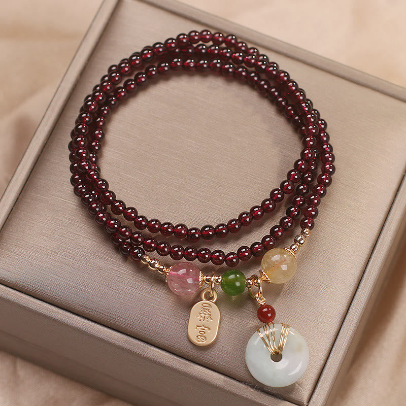 Fortune Jewel Natural Garnet Strawberry Quartz Crystal Fox Koi Fish Peace Buckle Fortune Protection Triple Wrap Bracelet