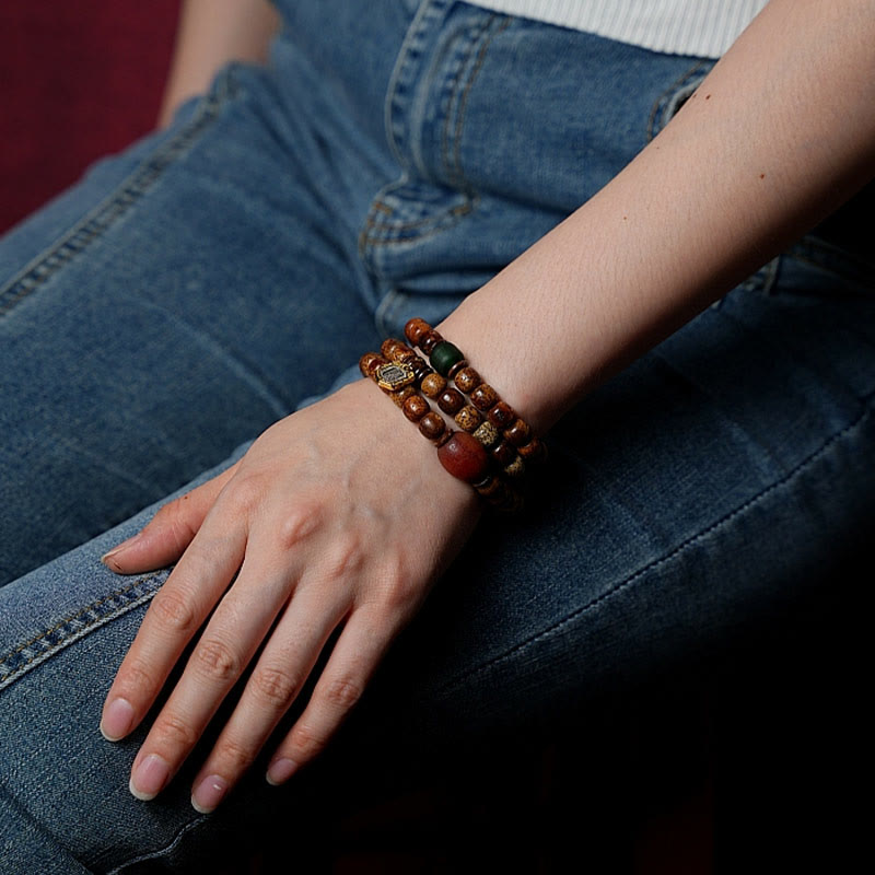 Fortune Jewel Tibetan Bodhi Seed Amber Dzi Bead Agate Zakiram Goddess of Wealth Beads Triple Wrap Bracelet