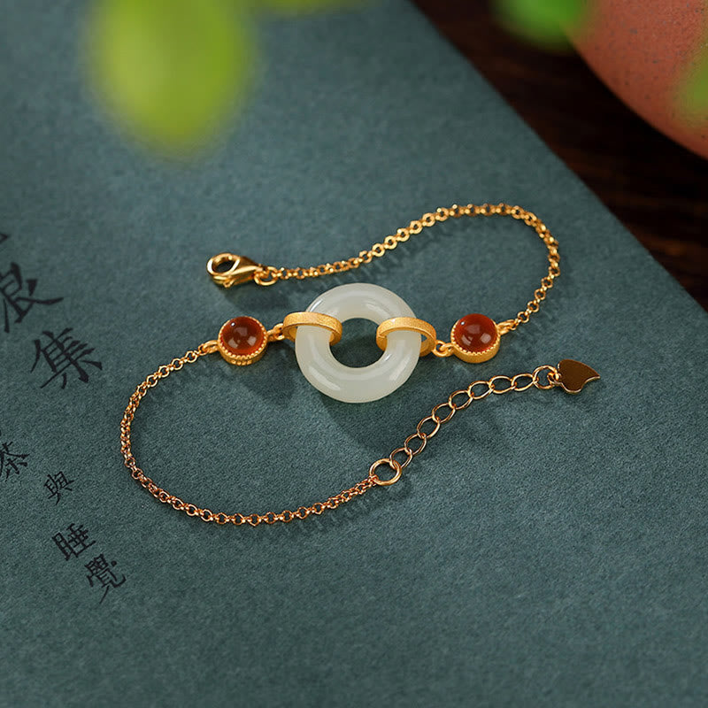 Fortune Jewel 925 Sterling Silver Plated Gold Natural Hetian Jade Peace Buckle Red Agate Luck Bracelet
