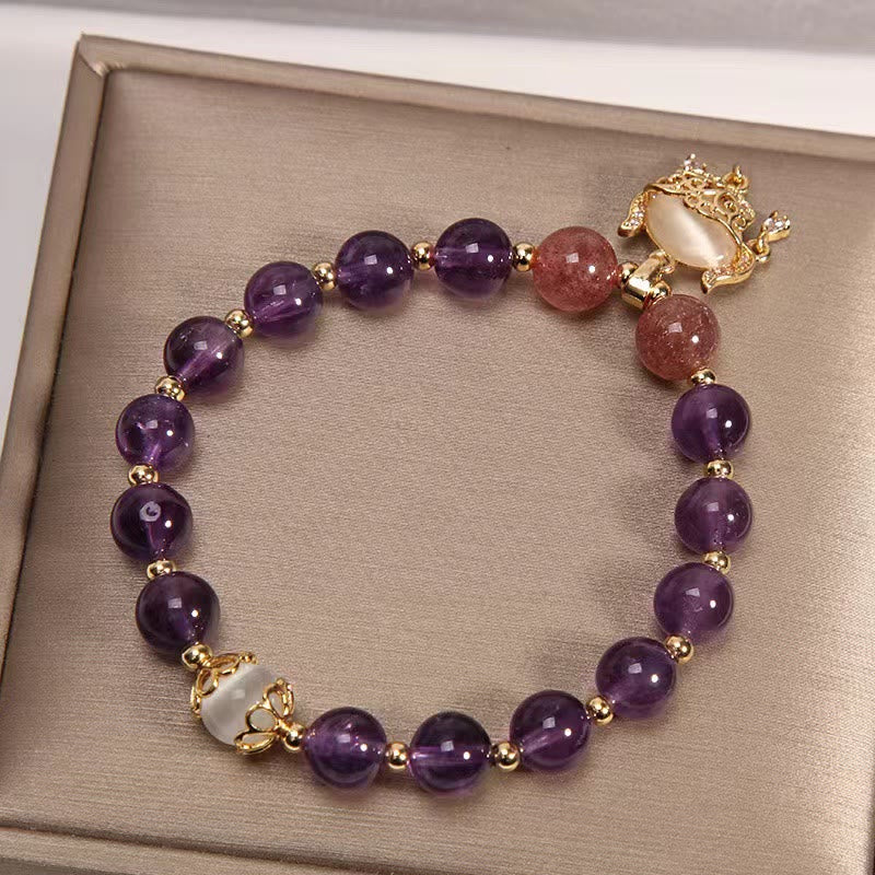 Fortune Jewel Natural Amethyst Strawberry Quartz Cat Eye Chinese Lock Charm Healing Bracelet