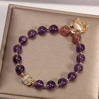 Fortune Jewel Natural Amethyst Strawberry Quartz Cat Eye Chinese Lock Charm Healing Bracelet