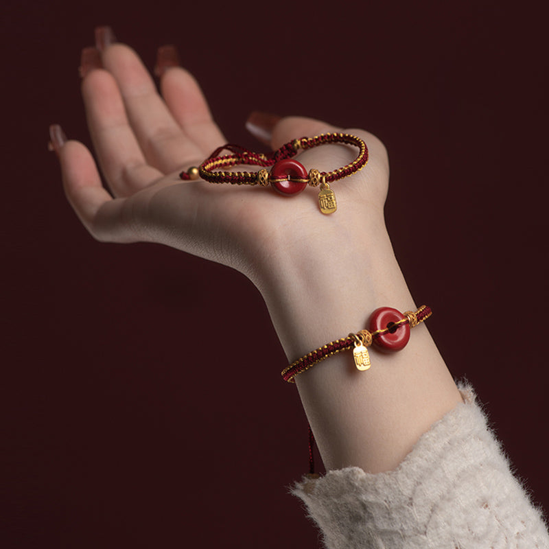 Fortune Jewel Natural Cinnabar Peace Buckle Fu Character Charm Blessing Braided Bracelet