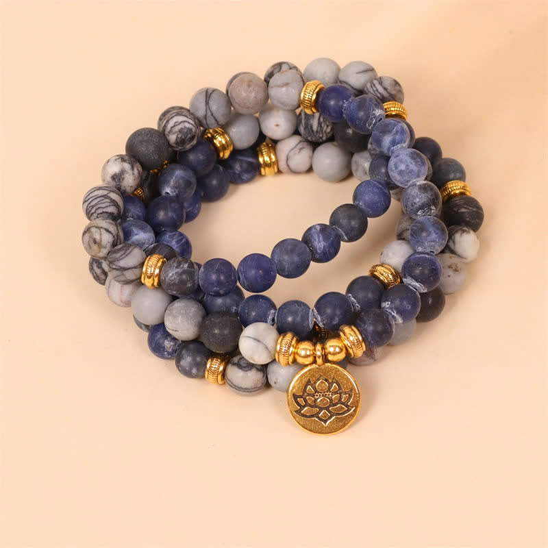 Fortune Jewel 108 Mala Beads Sodalite Zebra Jasper Crystal Lotus Strength Bracelet
