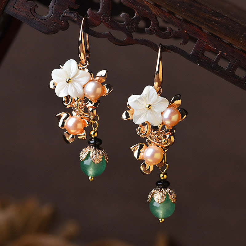 Fortune Jewel 14K Gold Plated Tridacna Stone Flower Pearl Green Aventurine Bead Drop Earrings
