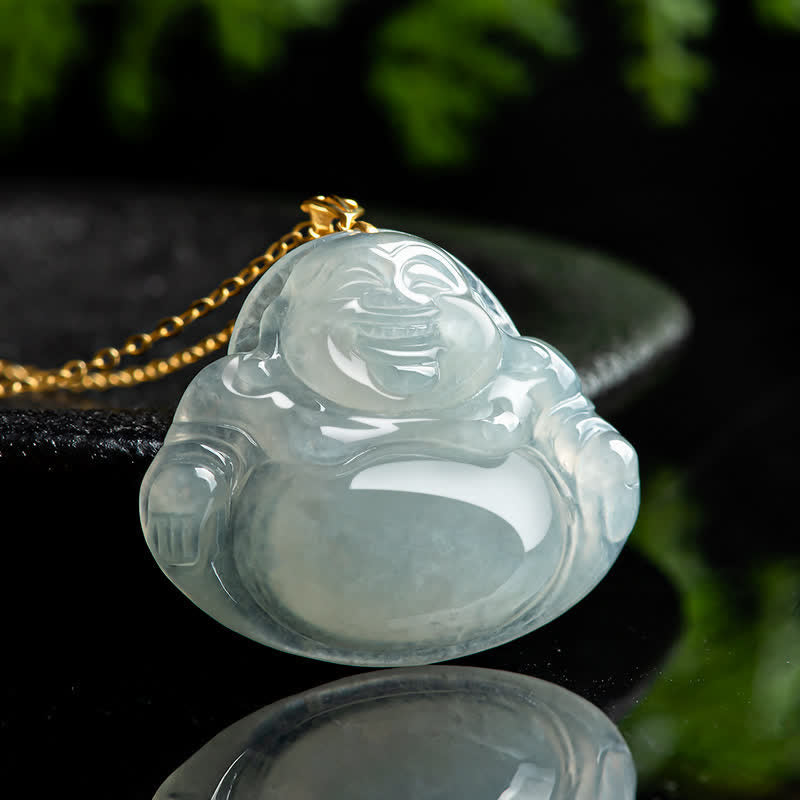 Fortune Jewel Laughing Buddha Natural Jade Abundance Titanium Steel Chain Necklace Pendant Fortune Jewel