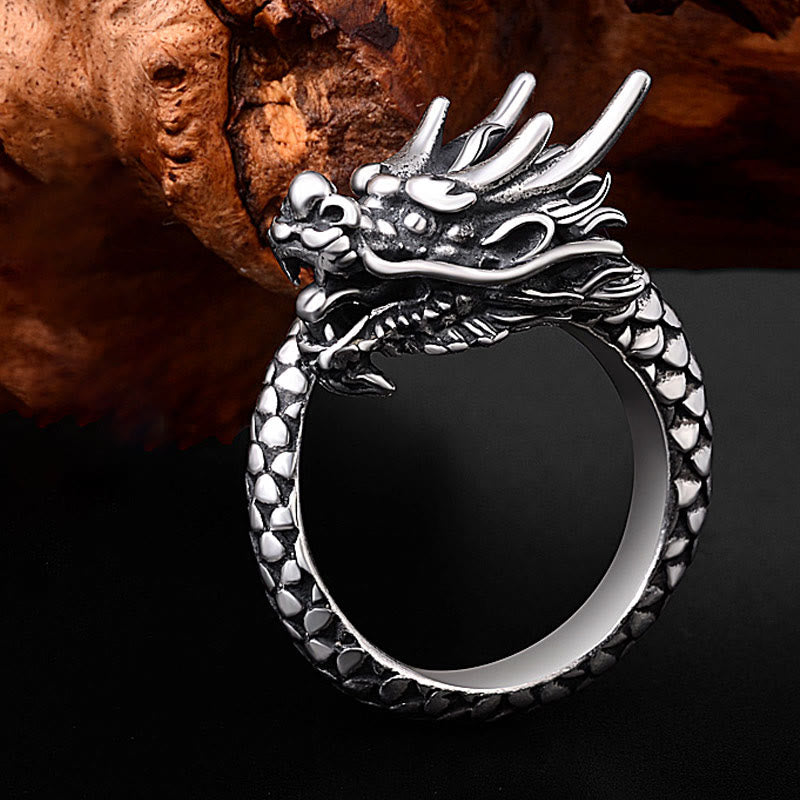 Fortune Jewel 990 Sterling Silver Vintage Dragon Design Luck Protection Strength Adjustable Ring