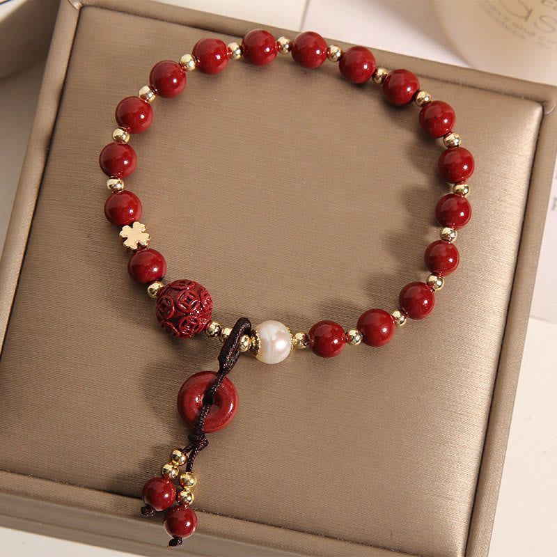 Fortune Jewel Natural Cinnabar Peace Buckle Copper Coin Charm Blessing Bracelet