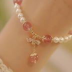 Fortune Jewel Natural Pearl Strawberry Quartz Healing Cute Honey Bee Charm Bracelet