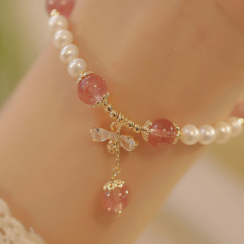 Fortune Jewel Natural Pearl Strawberry Quartz Healing Cute Honey Bee Charm Bracelet
