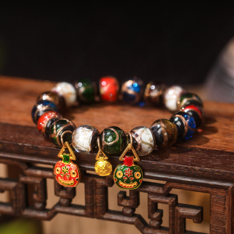 Fortune Jewel Five Elements Gold Swallowing Beast Family Charm Liuli Glass Bead Luck Bracelet